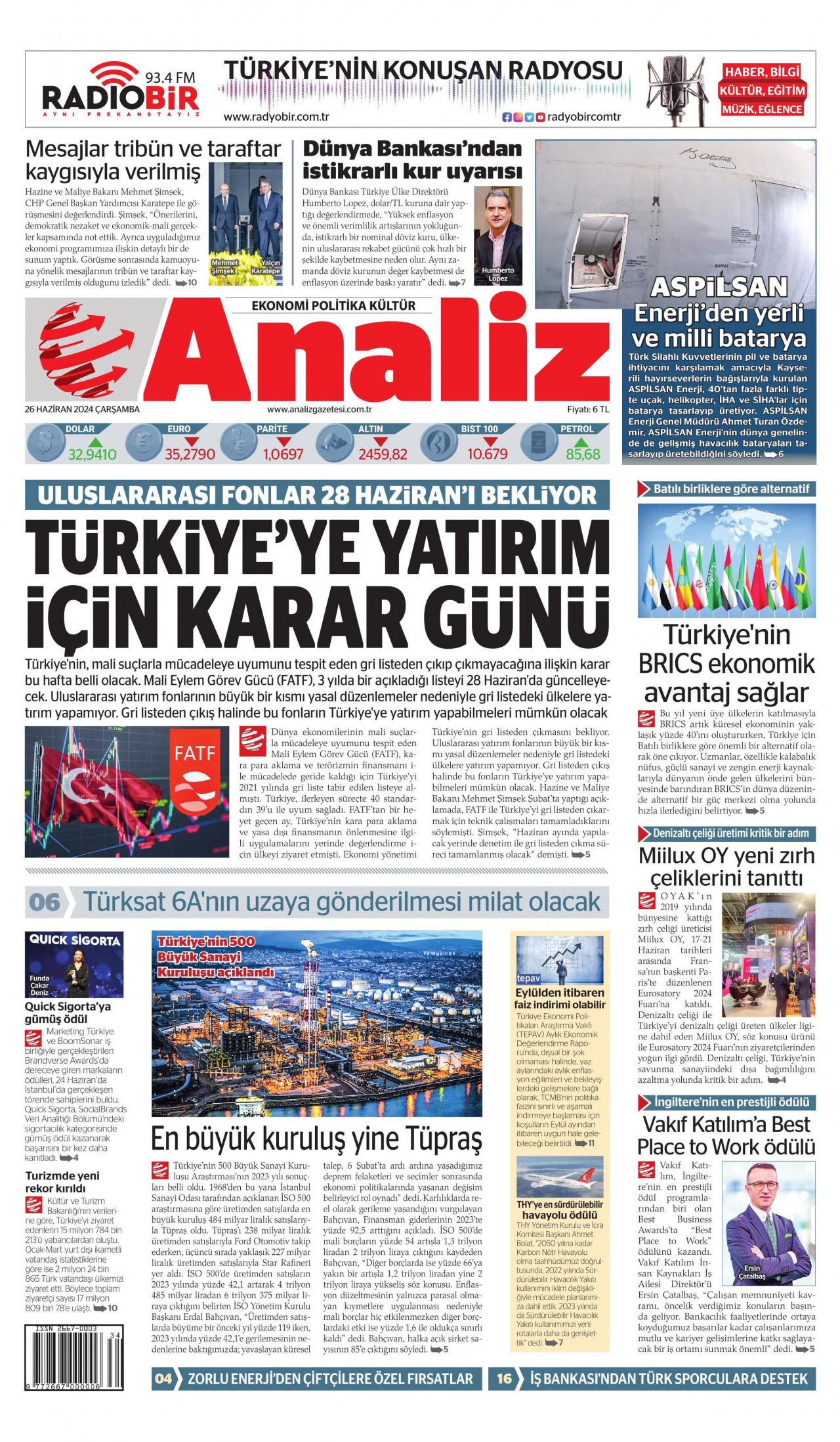 ANALİZ 26 Haziran 2024 Gazete Manşeti Büyük