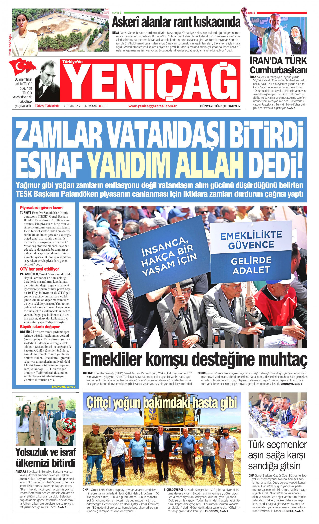 YENİÇAĞ 7 Temmuz 2024 Gazete Manşeti Büyük