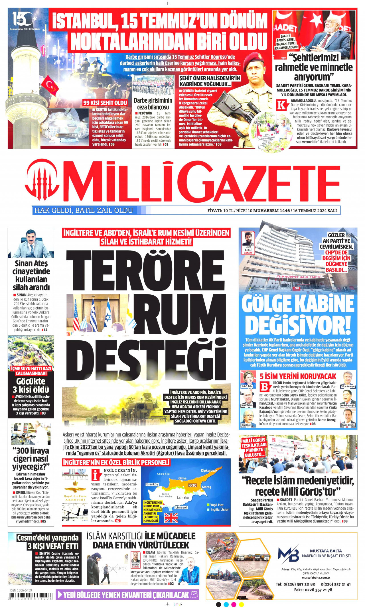 MİLLİ GAZETE 16 Temmuz 2024 Gazete Manşeti Büyük