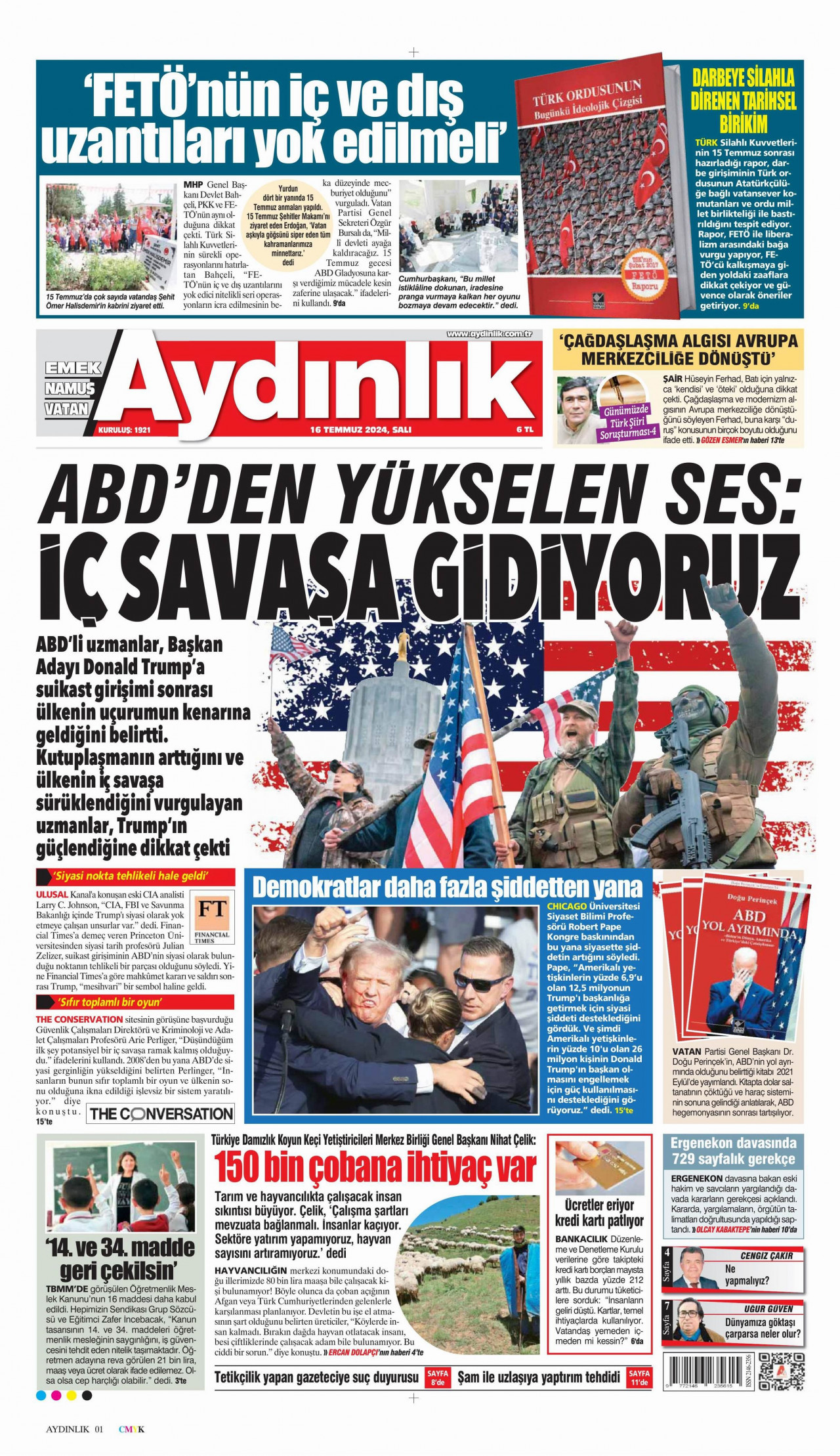 AYDINLIK GAZETESİ 16 Temmuz 2024 Gazete Manşeti Büyük