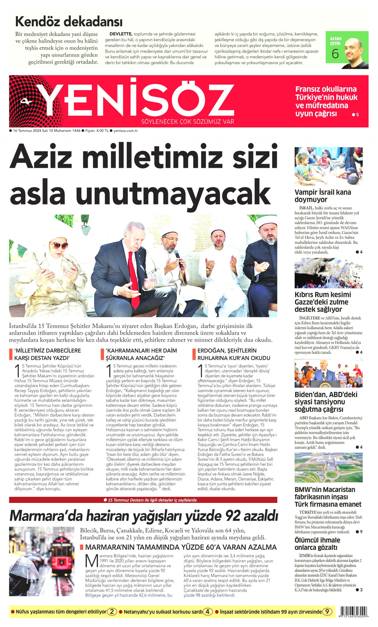 YENİ SÖZ GAZETESİ 16 Temmuz 2024 Gazete Manşeti Büyük