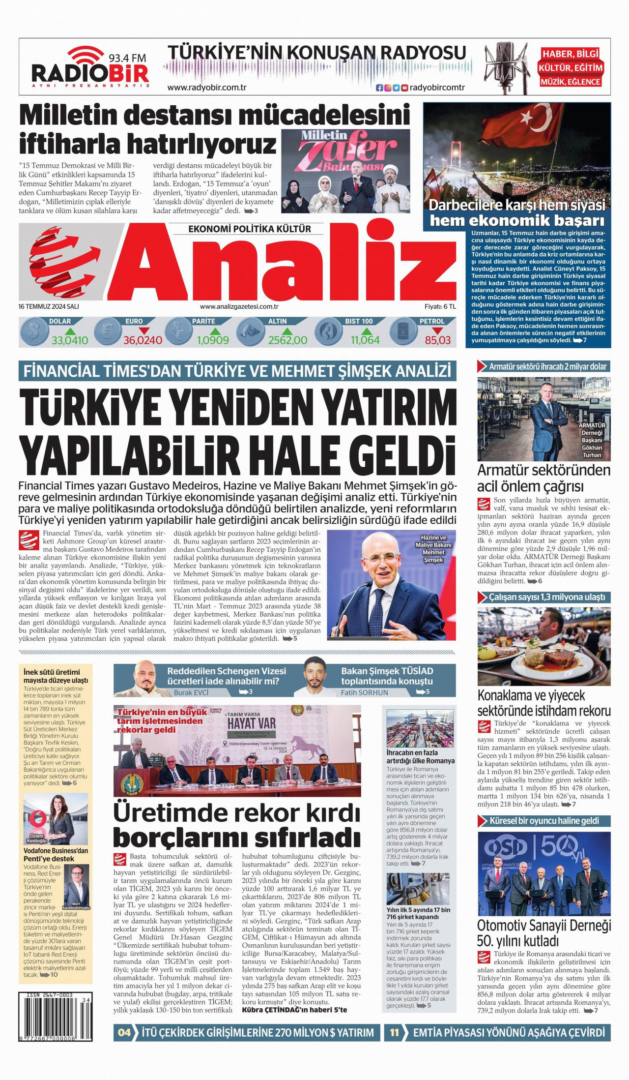 ANALİZ 16 Temmuz 2024 Gazete Manşeti Büyük