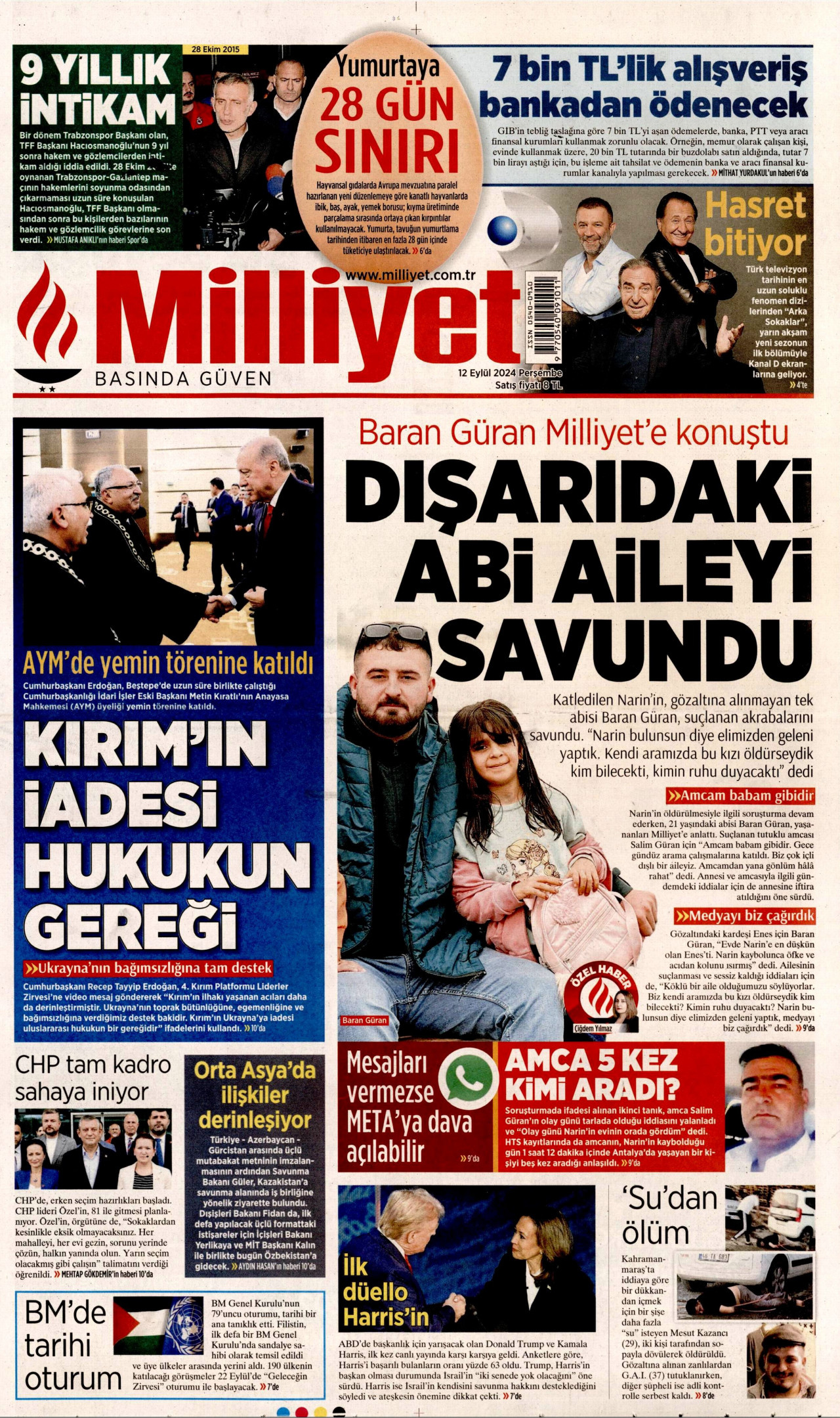 MİLLİYET 12 Eylül 2024 Gazete Manşeti Büyük