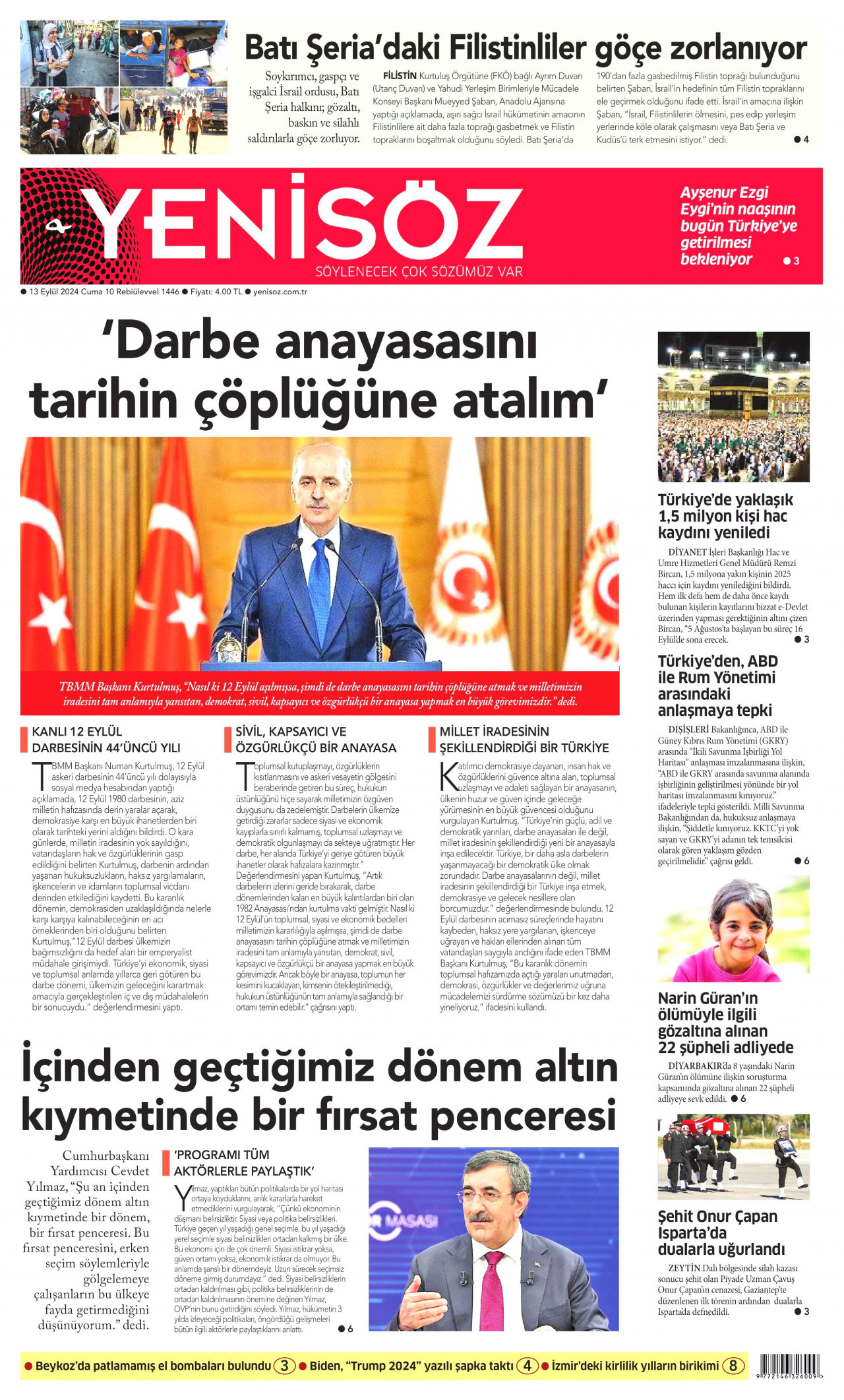 YENİ SÖZ GAZETESİ 13 Eylül 2024 Gazete Manşeti Büyük