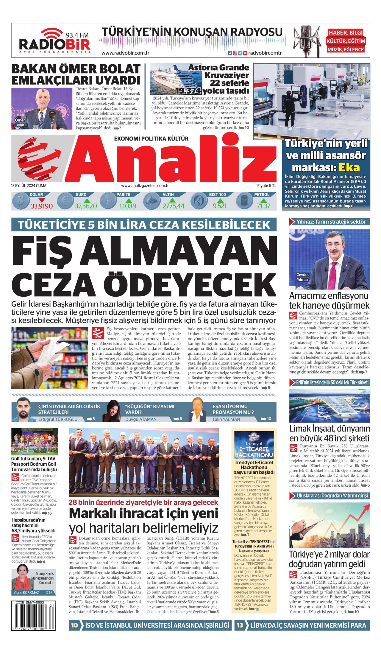 ANALİZ 13 Eylül 2024 Gazete Manşeti Büyük