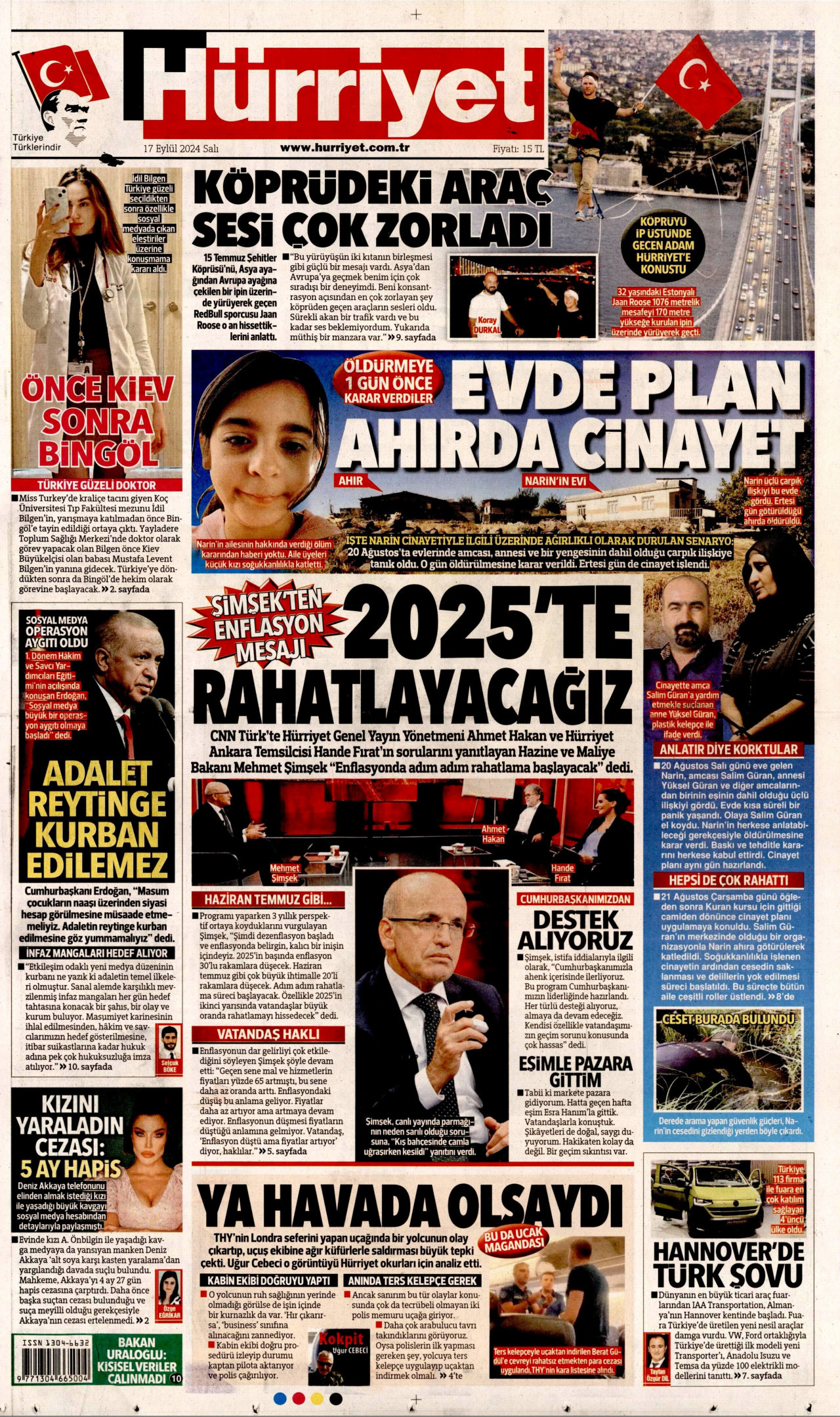 HÜRRİYET 17 Eylül 2024 Gazete Manşeti Büyük