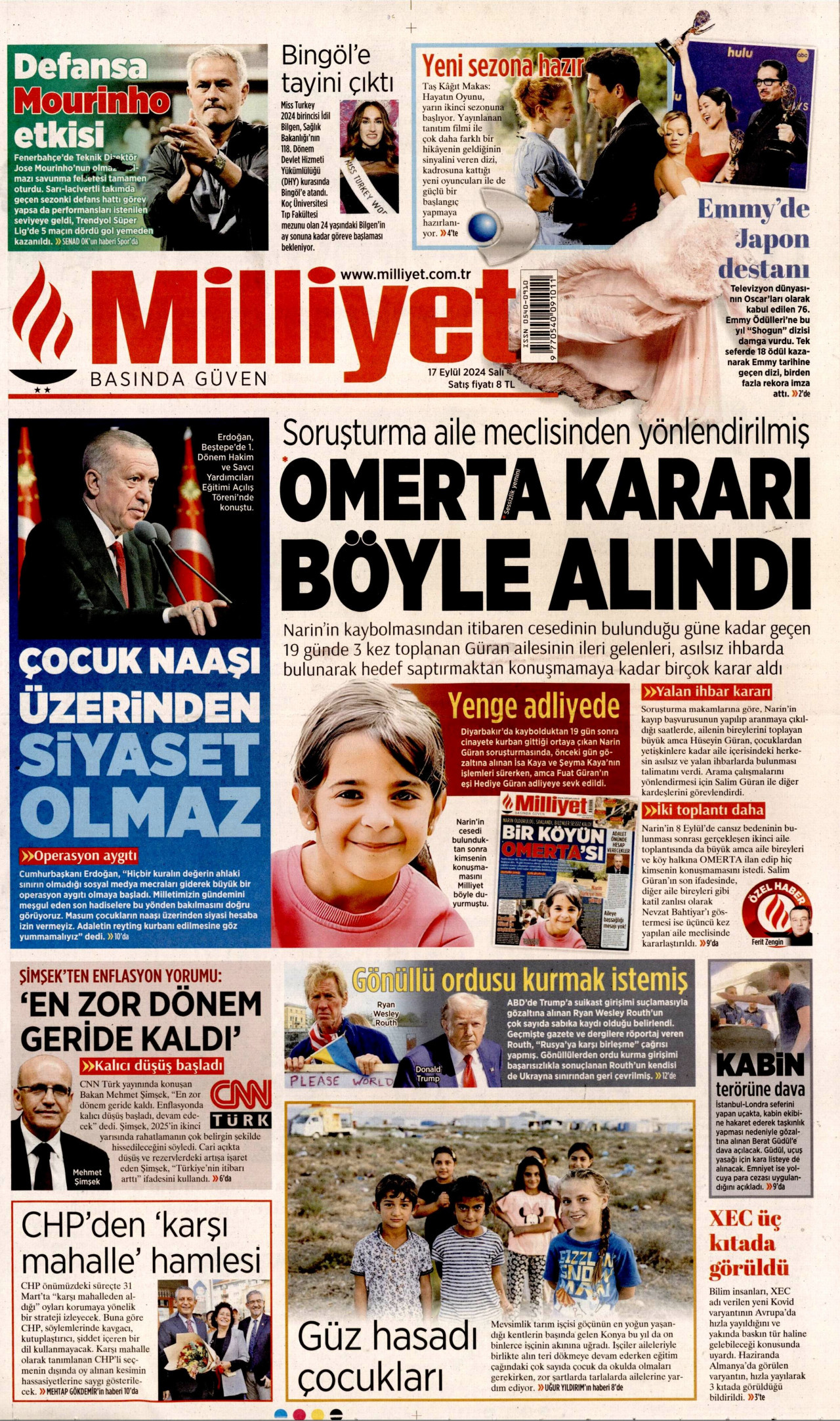 MİLLİYET 17 Eylül 2024 Gazete Manşeti Büyük