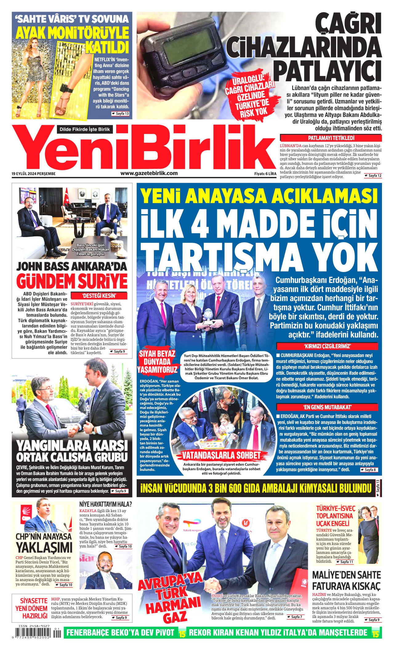 YENİBİRLİK 19 Eylül 2024 Gazete Manşeti Büyük