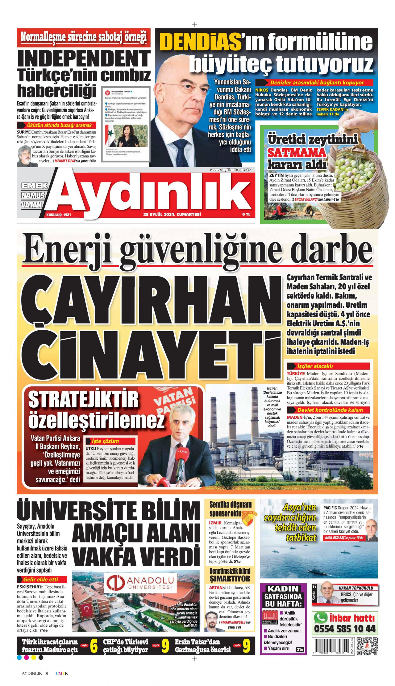 AYDINLIK GAZETESİ 28 Eylül 2024 Gazete Manşeti Büyük