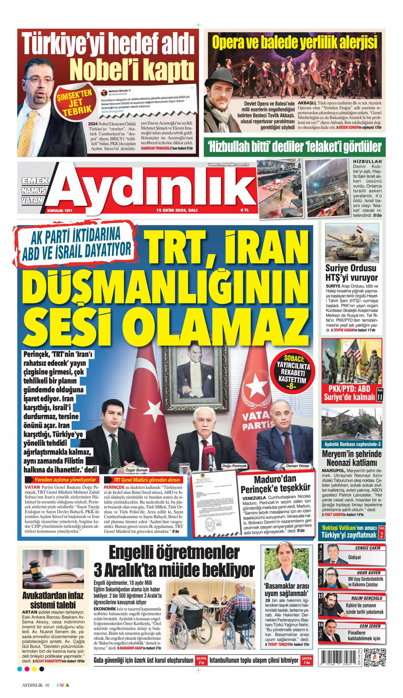 AYDINLIK GAZETESİ 15 Ekim 2024 Gazete Manşeti Büyük