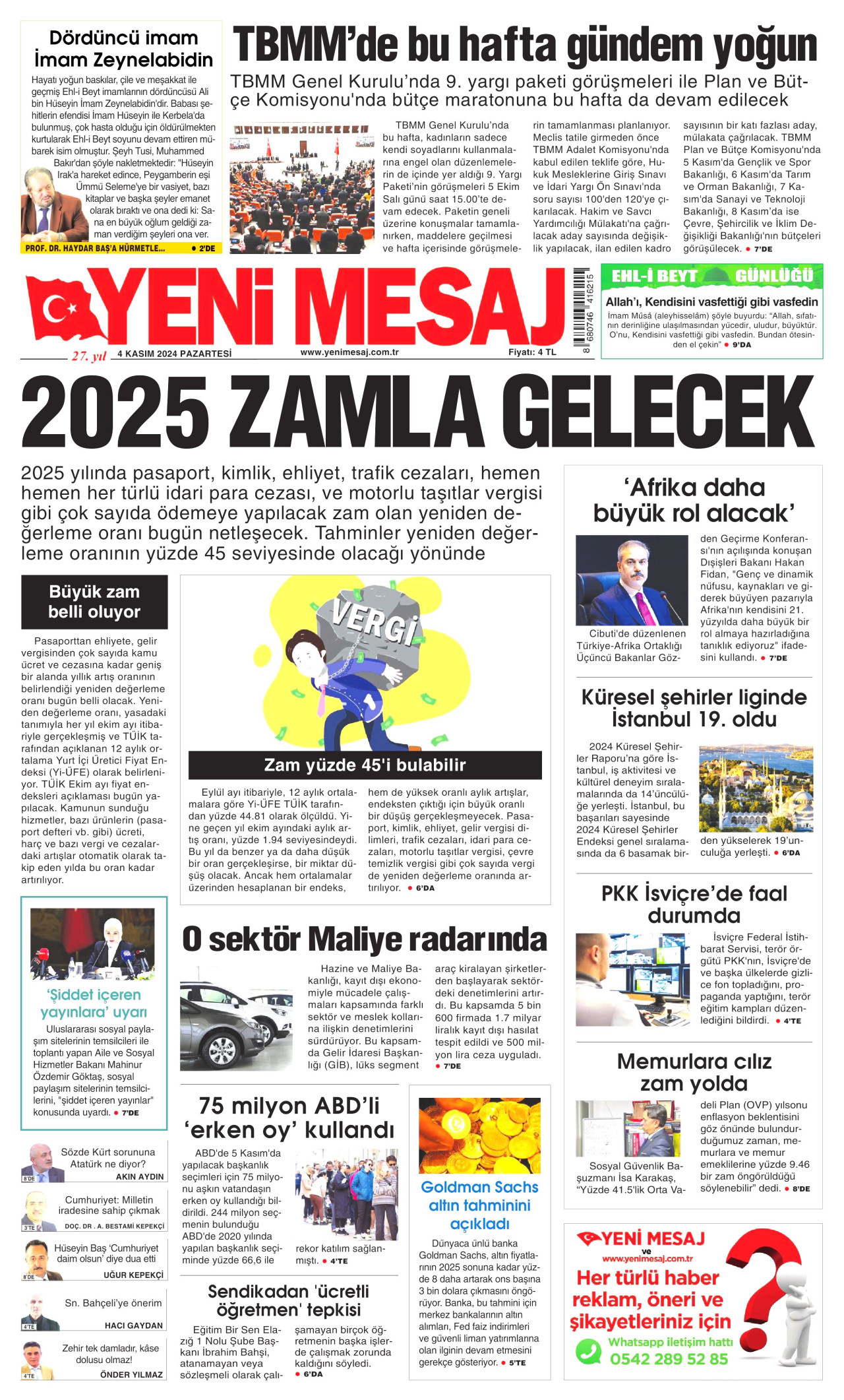 YENİ MESAJ 4 Kasım 2024 Gazete Manşeti Büyük