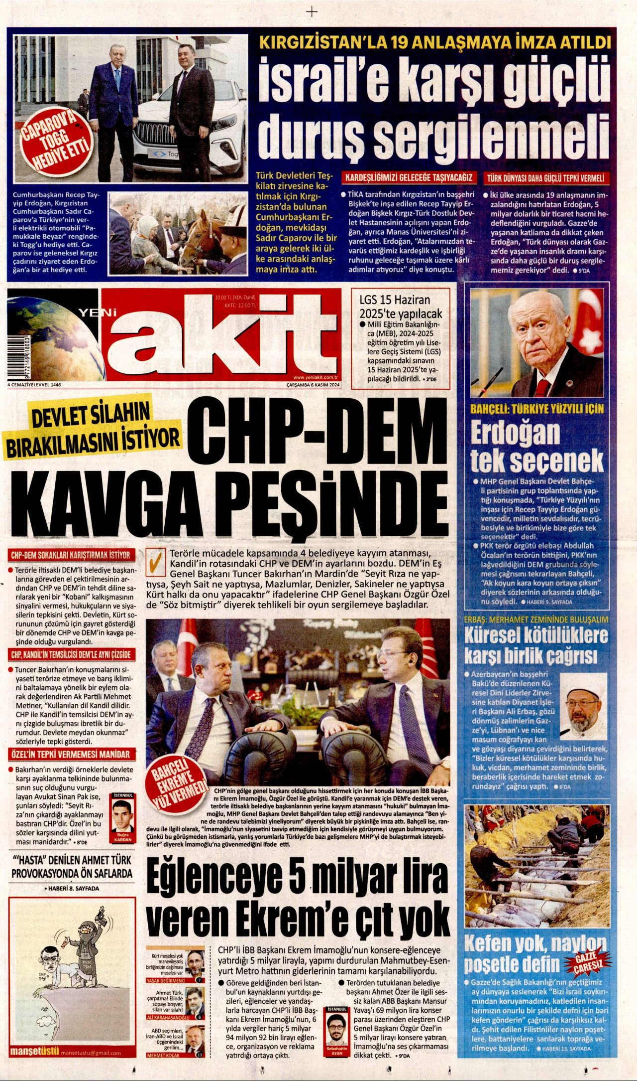 YENİ AKİT 6 Kasım 2024 Gazete Manşeti Büyük