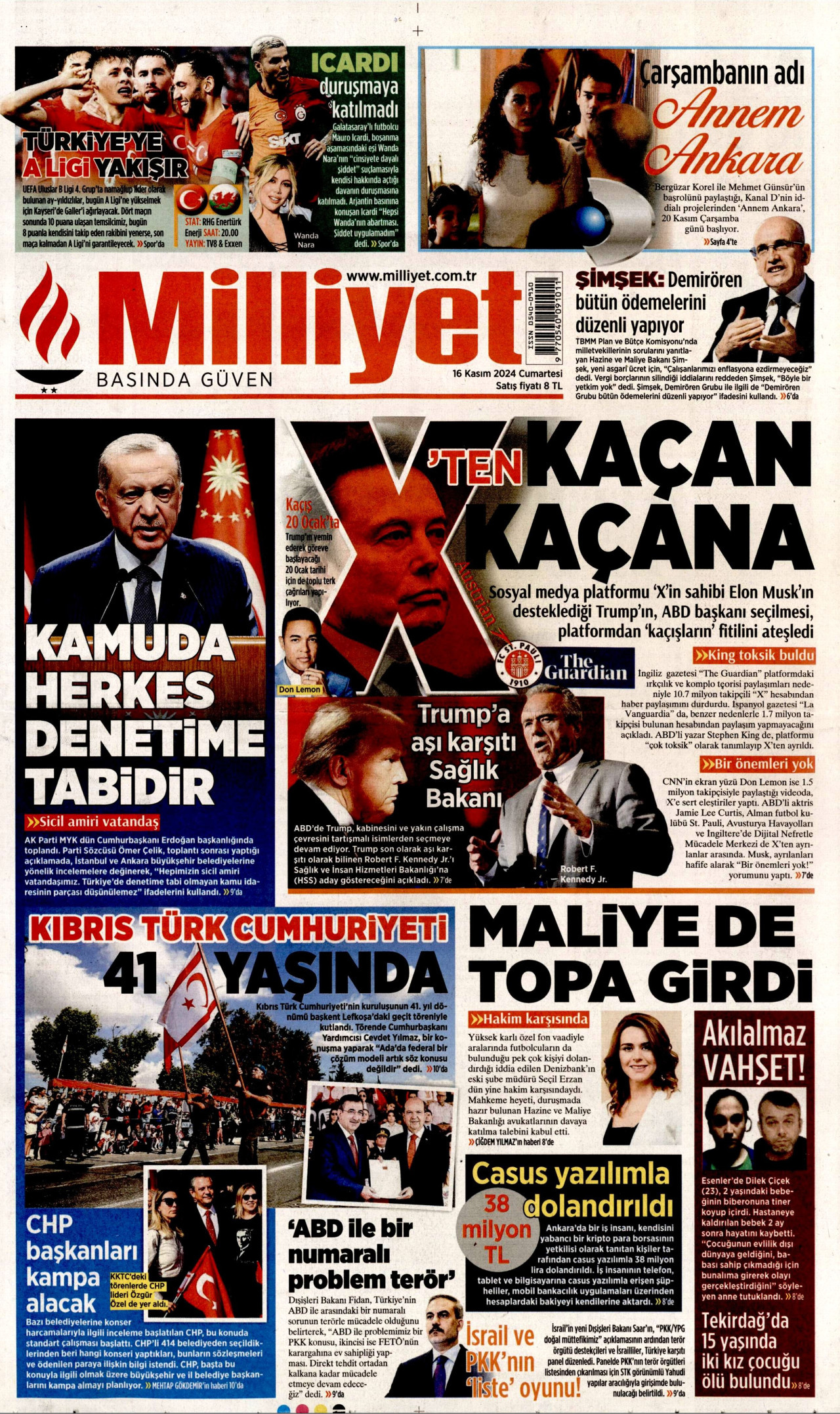 MİLLİYET 16 Kasım 2024 Gazete Manşeti Büyük