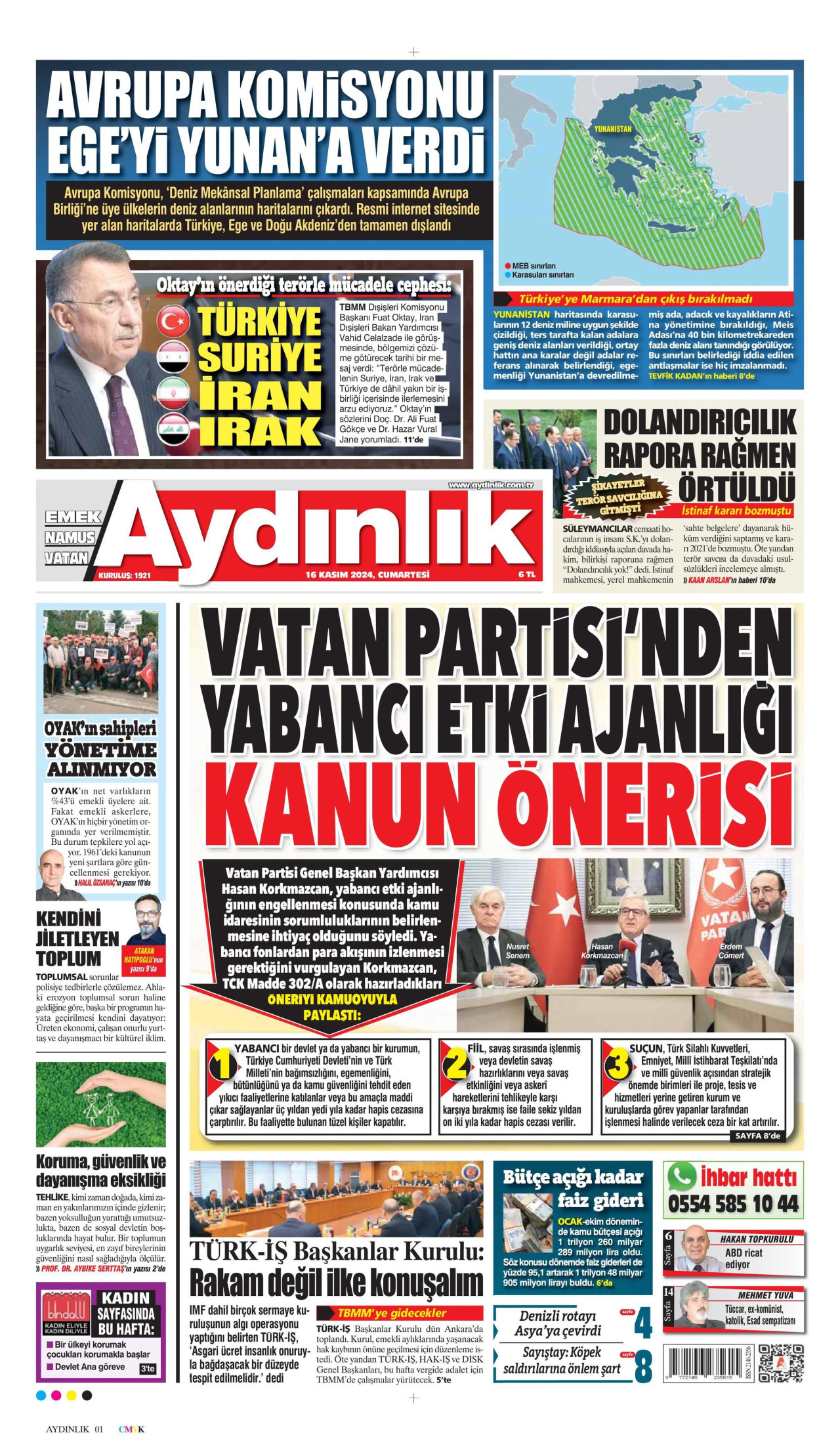 AYDINLIK GAZETESİ 16 Kasım 2024 Gazete Manşeti Büyük