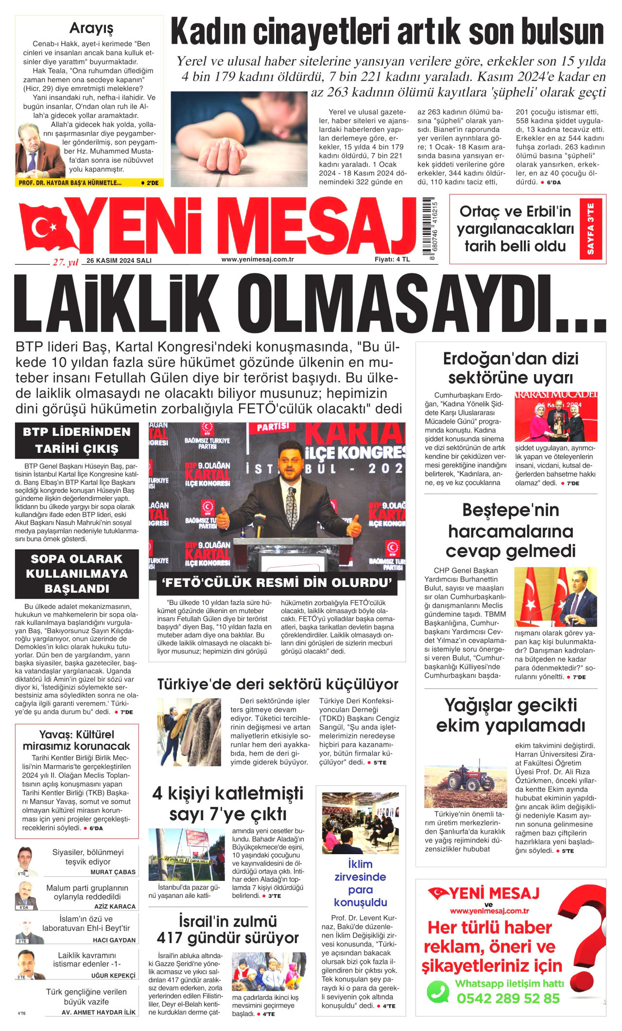 YENİ MESAJ 26 Kasım 2024 Gazete Manşeti Büyük