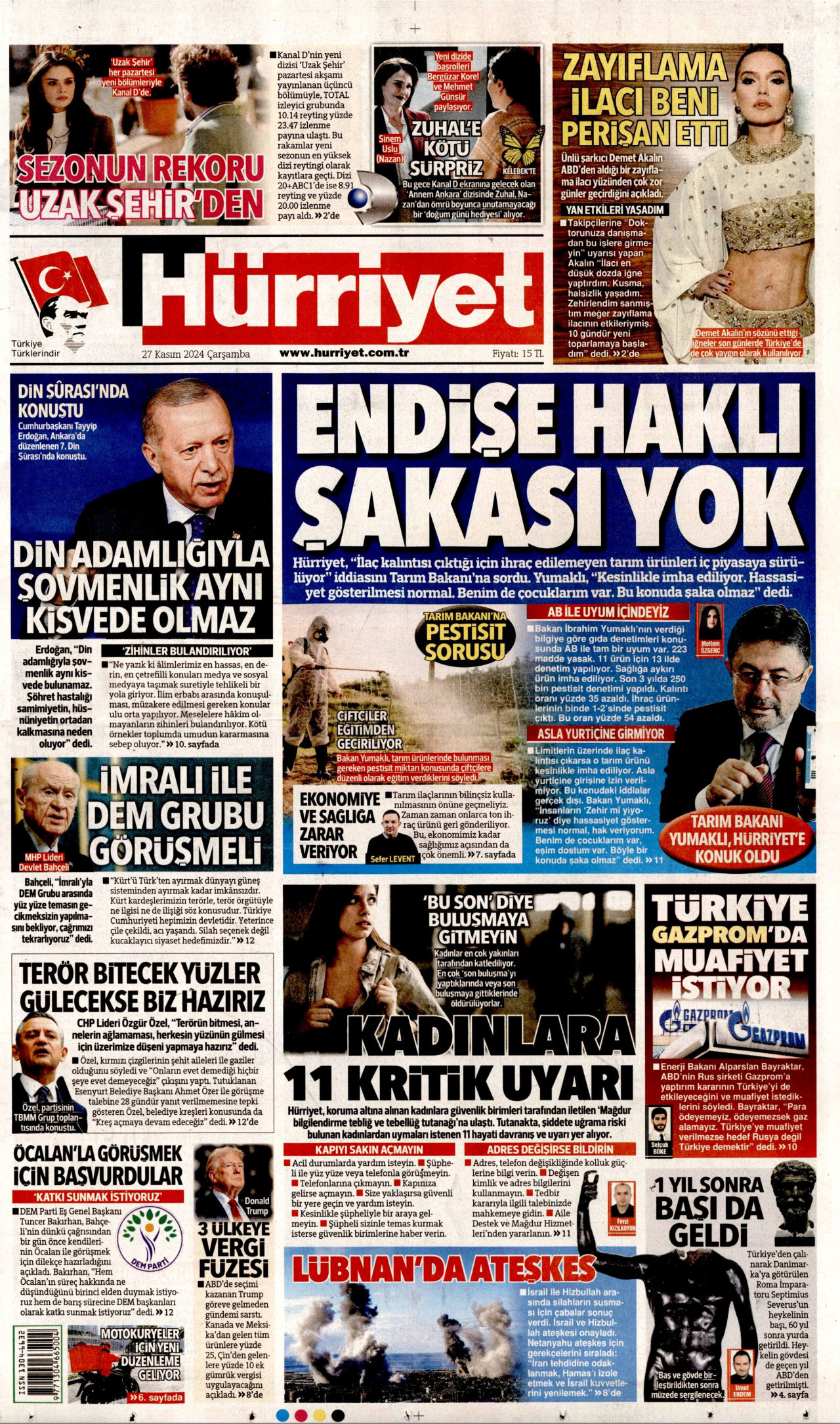 HÜRRİYET 27 Kasım 2024 Gazete Manşeti Büyük