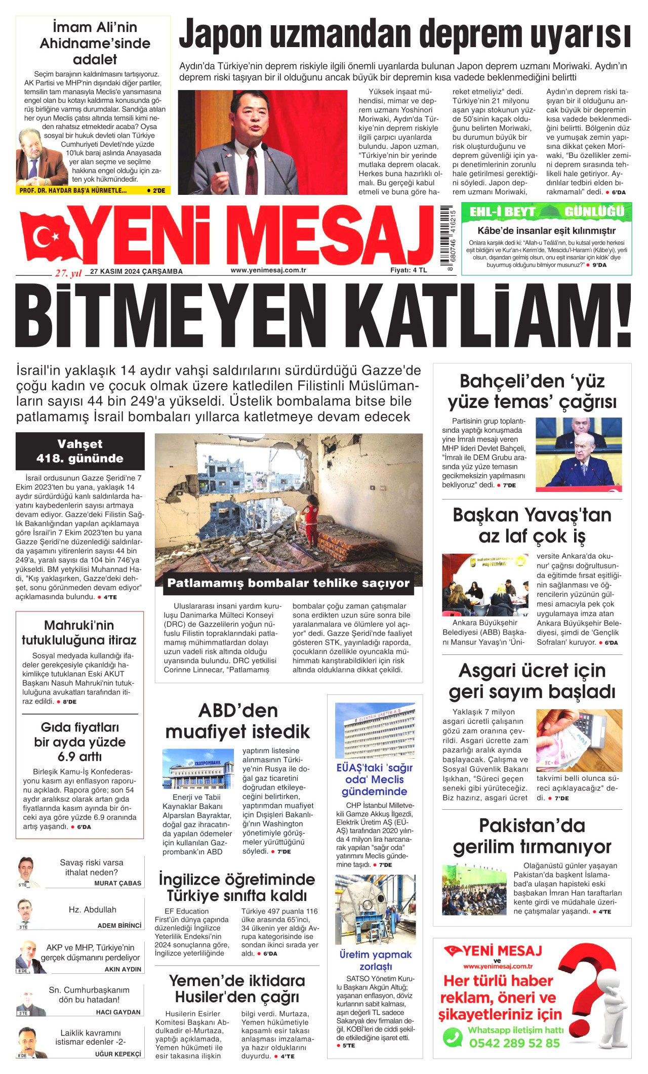 YENİ MESAJ 27 Kasım 2024 Gazete Manşeti Büyük