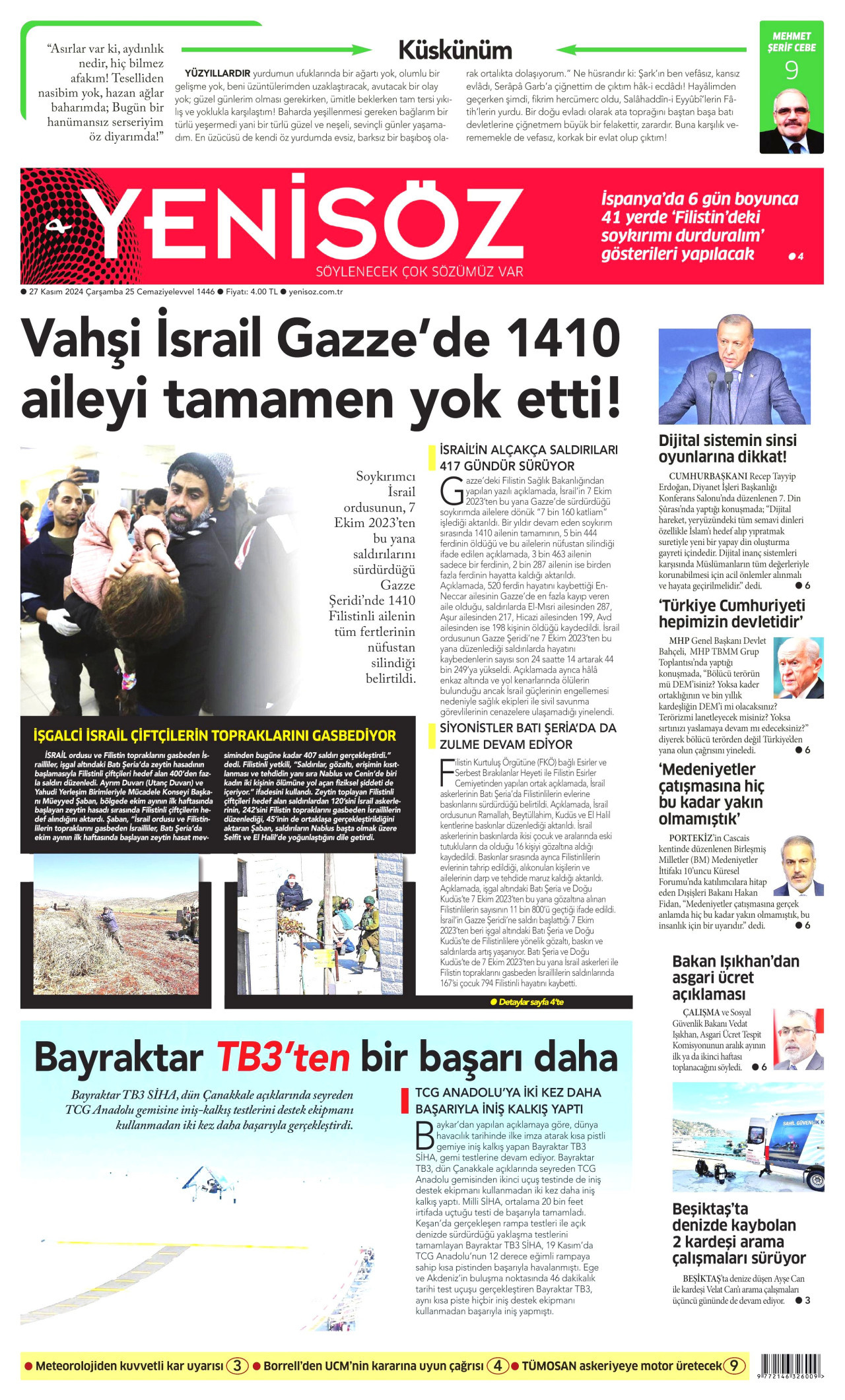 YENİ SÖZ GAZETESİ 27 Kasım 2024 Gazete Manşeti Büyük