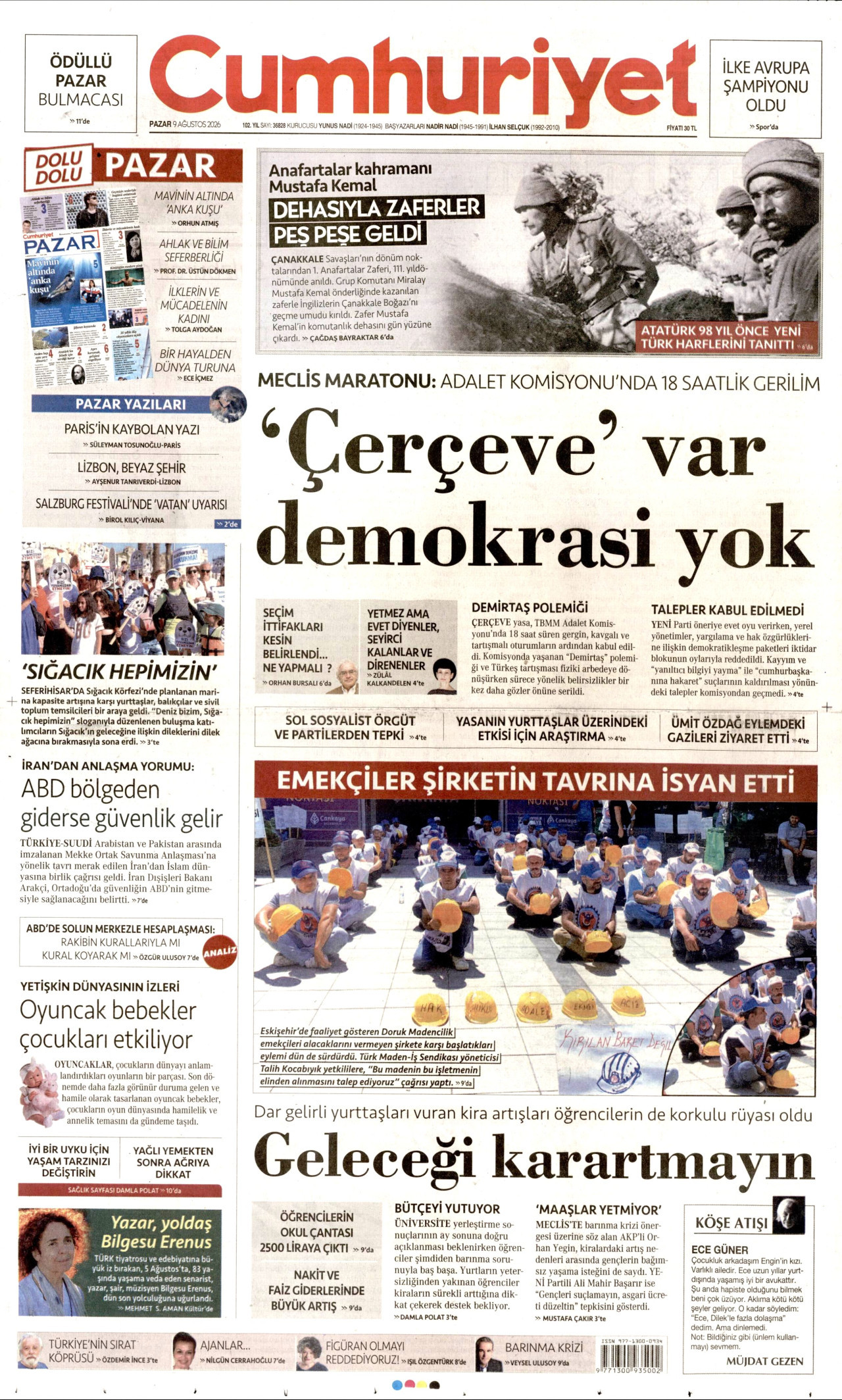 CUMHURİYET 9 Ağustos 2026 Gazete Manşeti Büyük