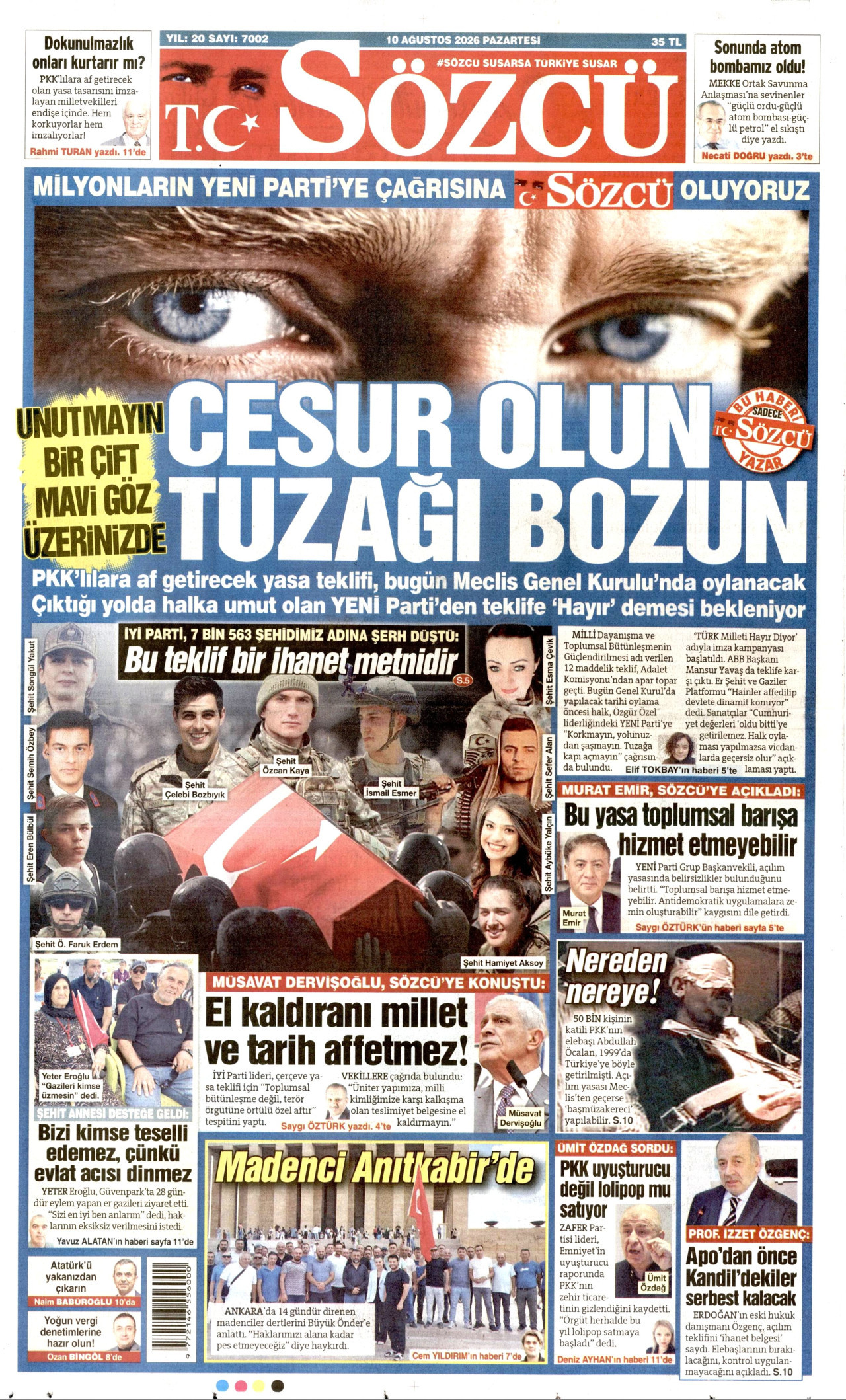 SÖZCÜ 10 Ağustos 2026 Gazete Manşeti Büyük
