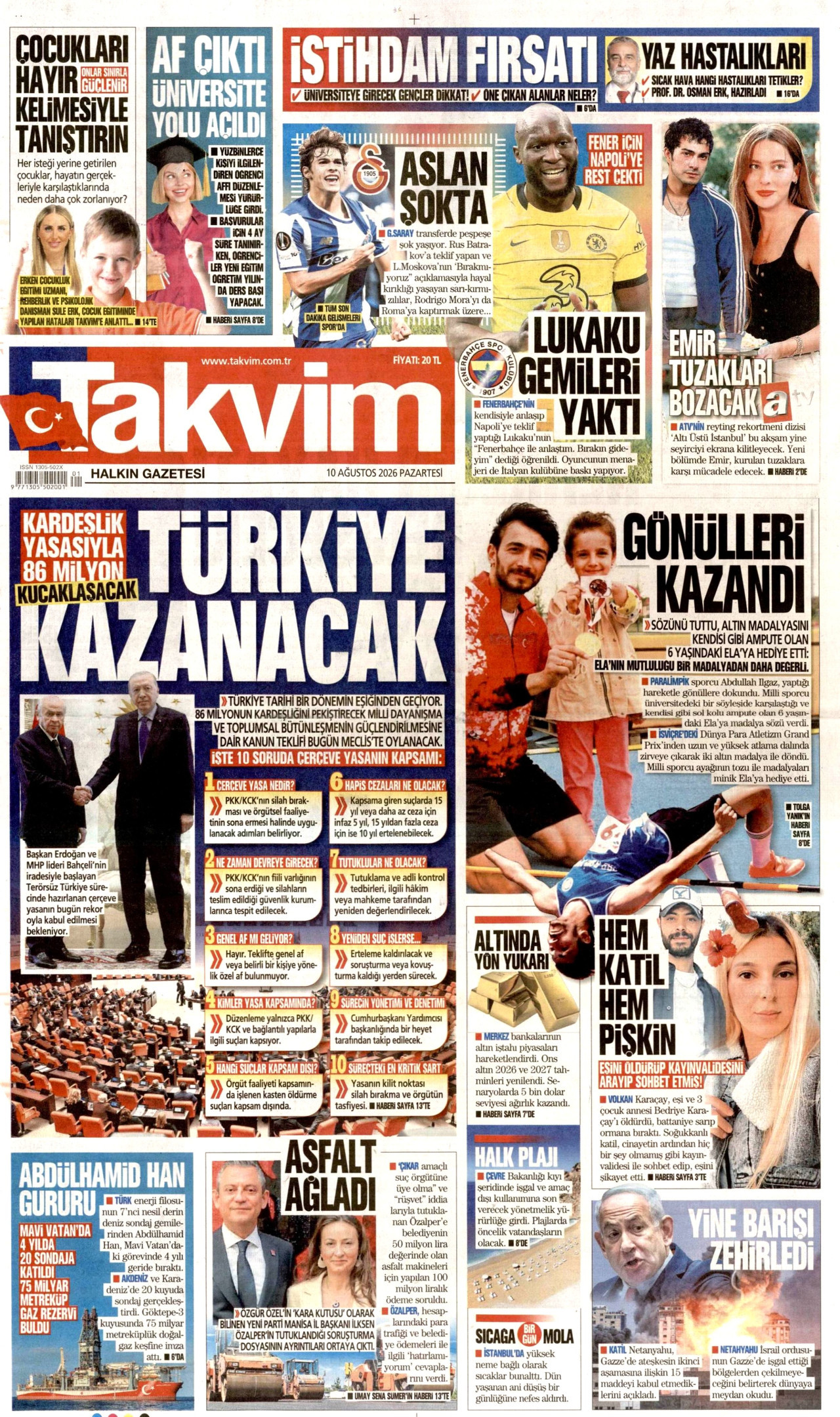 TAKVİM 10 Ağustos 2026 Gazete Manşeti Büyük